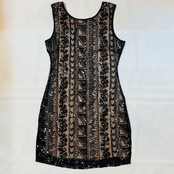 SALE Body Central Bodycon Black‎ Sleeveless Sheer Sequined Lined Dress Sz M EUC - Picture 1 of 14
